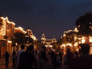 Main Street lit up for the night shows. Main shopping arcade. 